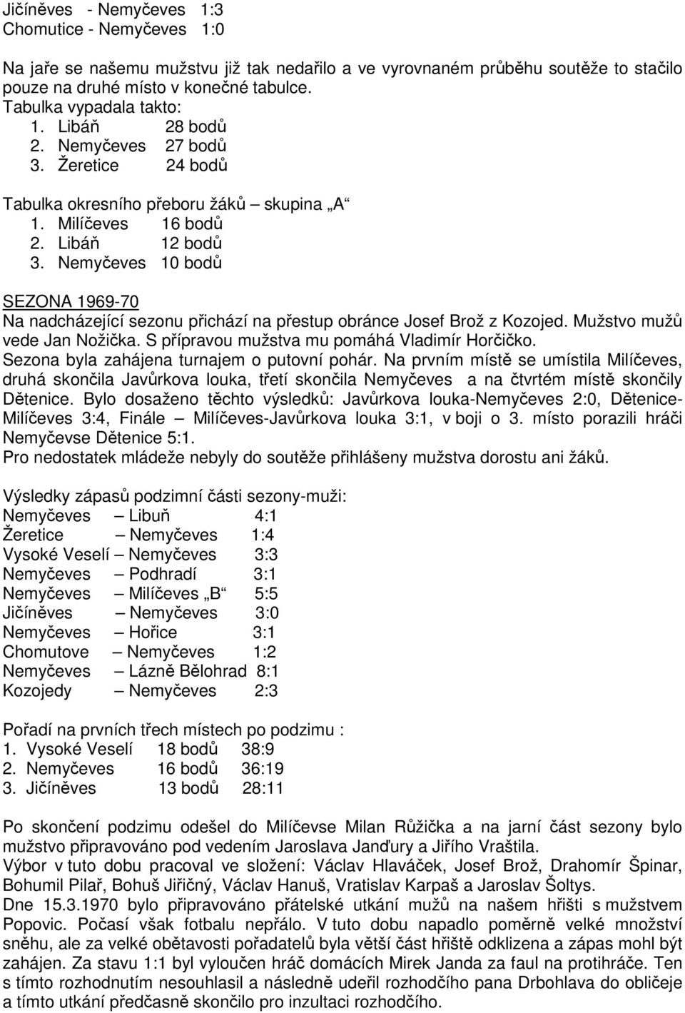 Nemyčeves 10 bodů SEZONA 1969-70 Na nadcházející sezonu přichází na přestup obránce Josef Brož z Kozojed. Mužstvo mužů vede Jan Nožička. S přípravou mužstva mu pomáhá Vladimír Horčičko.