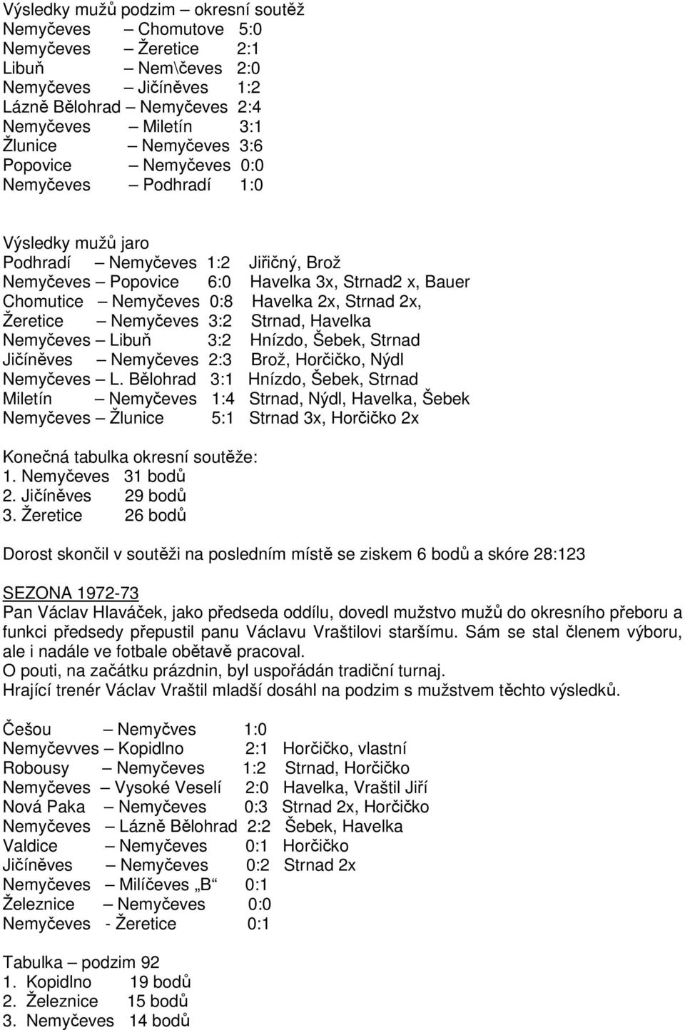 2x, Žeretice Nemyčeves 3:2 Strnad, Havelka Nemyčeves Libuň 3:2 Hnízdo, Šebek, Strnad Jičíněves Nemyčeves 2:3 Brož, Horčičko, Nýdl Nemyčeves L.