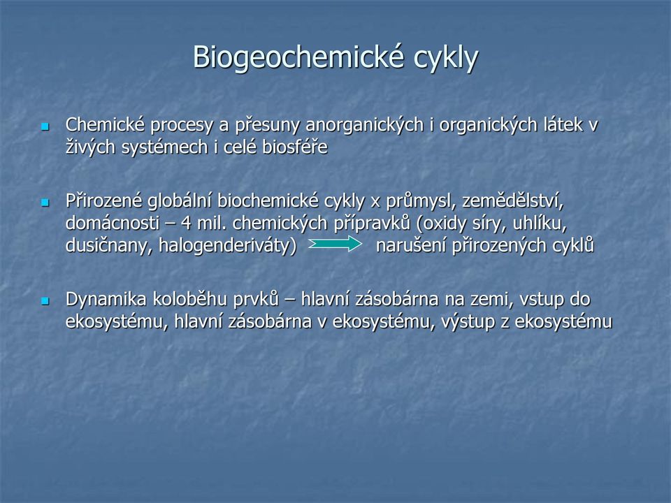 chemických přípravků (oxidy síry, uhlíku, dusičnany, halogenderiváty) narušení přirozených cyklů