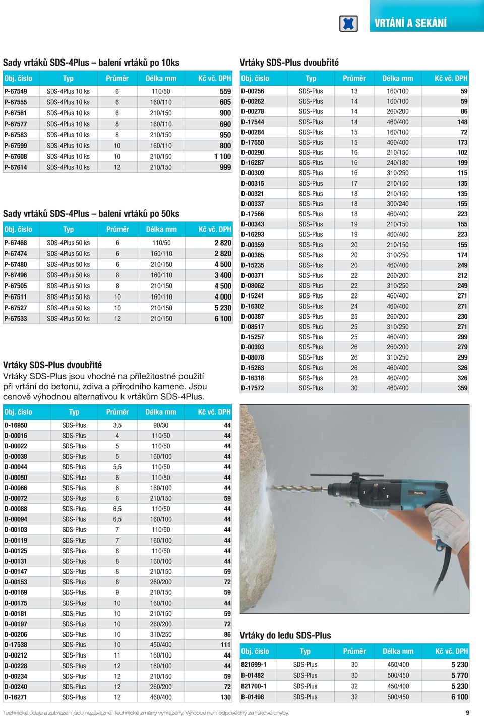 P-67599 SDS-4Plus 10 ks 10 160/110 800 P-67608 SDS-4Plus 10 ks 10 210/150 1 100 P-67614 SDS-4Plus 10 ks 12 210/150 999 Sady vrtáků SDS-4Plus balení vrtáků po 50ks Obj. číslo Typ Průměr Délka mm Kč vč.