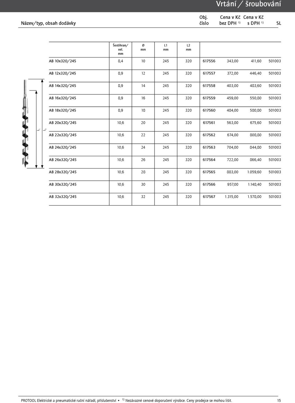 245 320 617559 459,00 550,80 501003 AB 18x320/245 8,9 18 245 320 617560 484,00 580,80 501003 L 1 L 2 AB 20x320/245 10,6 20 245 320 617561 563,00 675,60 501003 AB 22x320/245 10,6 22 245 320 617562