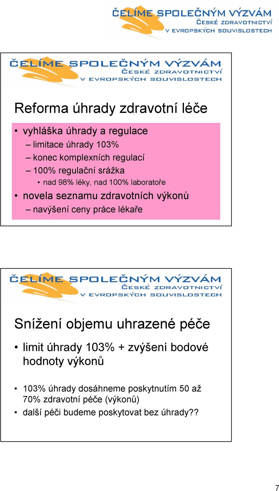 navýšení ceny práce lékaře Snížení objemu uhrazené péče limit úhrady 103% + zvýšení bodové hodnoty