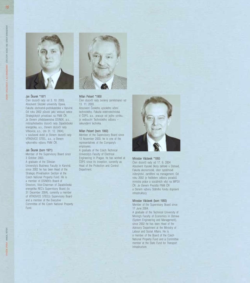 s., ãlenem dozorãí rady Vítkovice, a.s., (do 31. 12. 2004), v souãasné dobû je ãlenem dozorãí rady VÍTKOVICE STEEL, a.s., a ãlenem v konného v boru FNM âr.