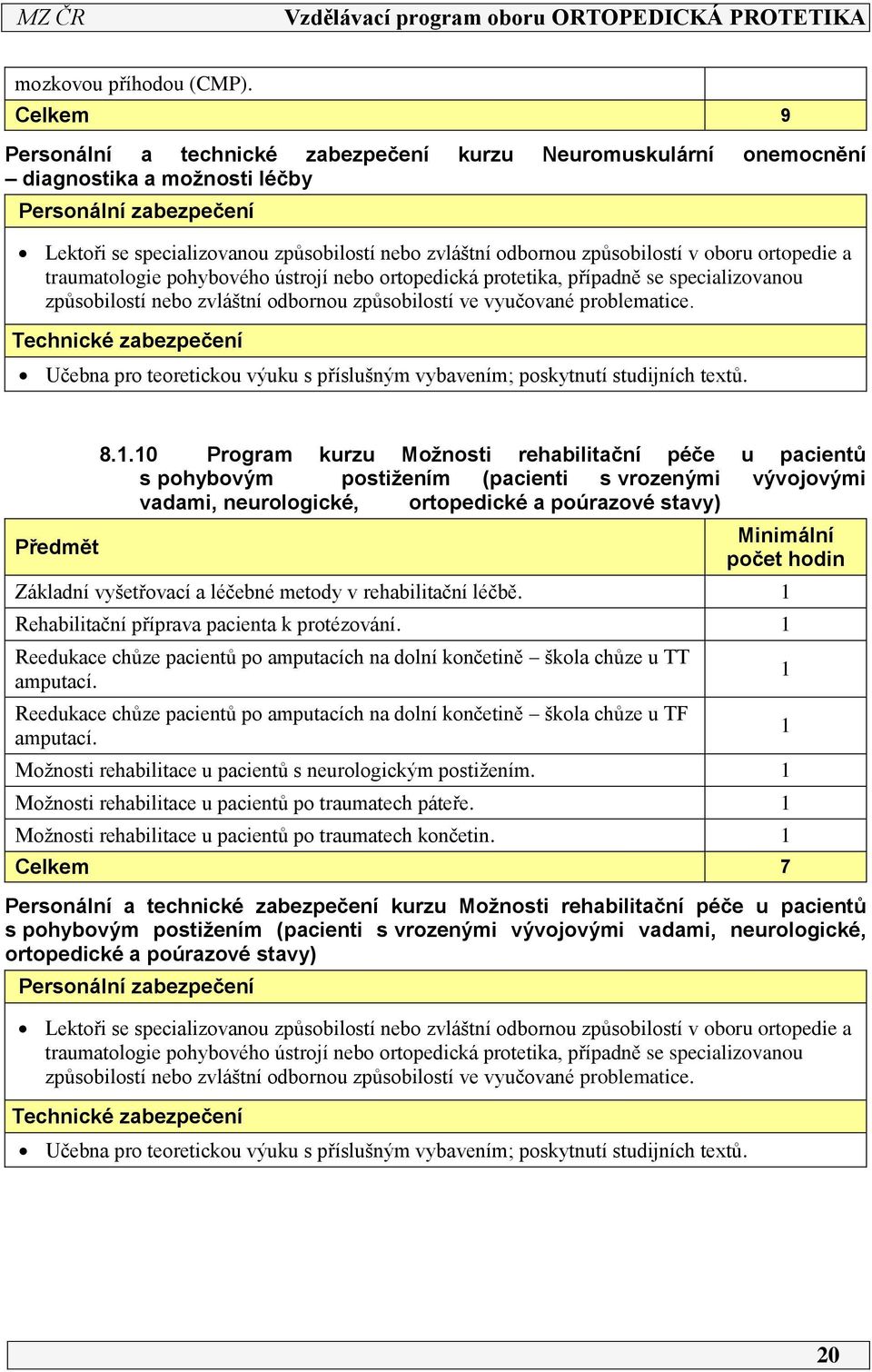 a traumatologie pohybového ústrojí nebo ortopedická protetika, případně se specializovanou způsobilostí nebo zvláštní odbornou způsobilostí ve vyučované problematice.