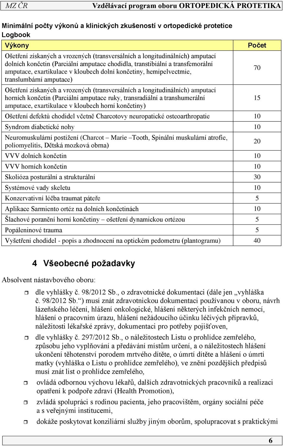 horních končetin (Parciální amputace ruky, transradiální a transhumerální amputace, exartikulace v kloubech horní končetiny) Ošetření defektů chodidel včetně Charcotovy neuropatické osteoarthropatie