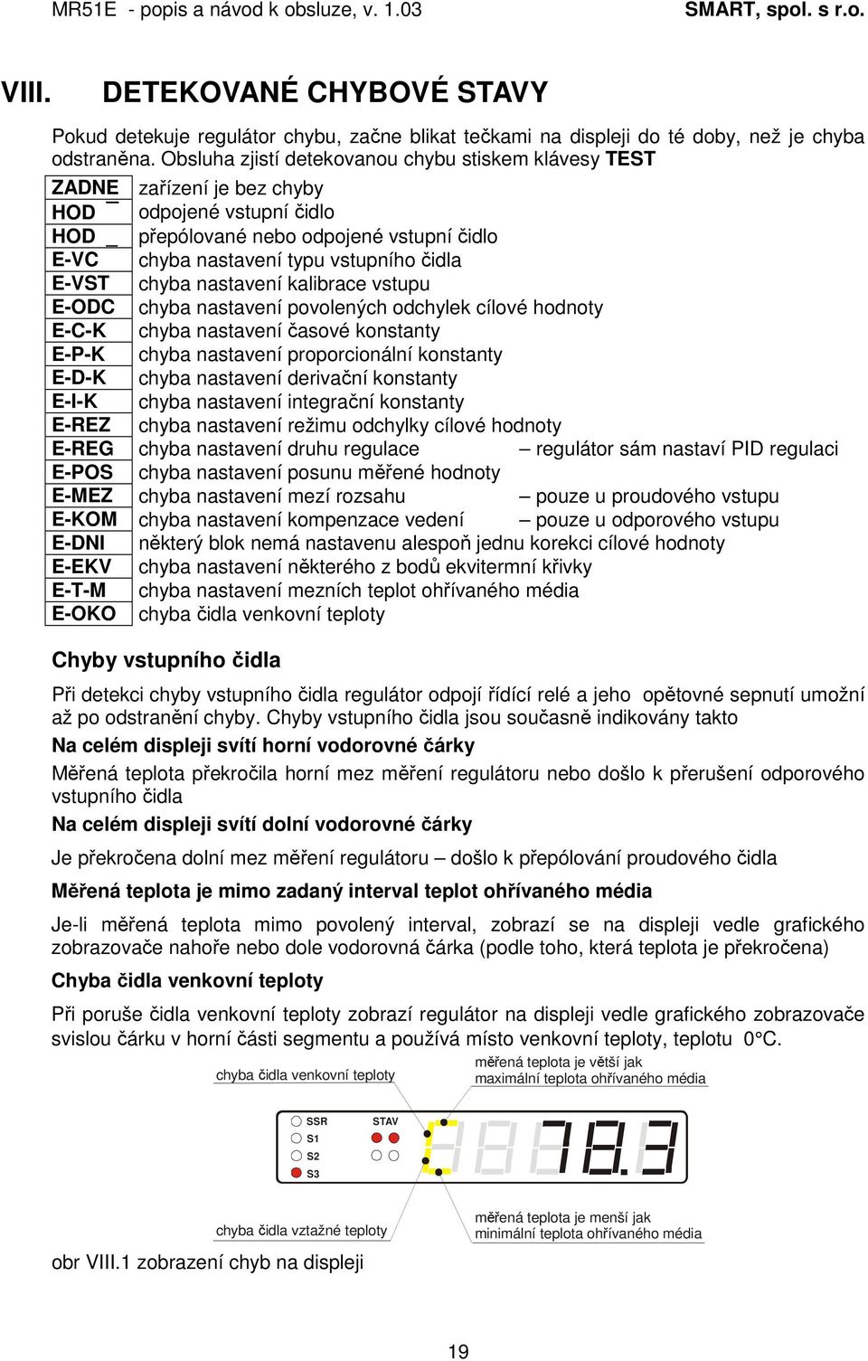 E-VST chyba nastavení kalibrace vstupu E-ODC chyba nastavení povolených odchylek cílové hodnoty E-C-K chyba nastavení časové konstanty E-P-K chyba nastavení proporcionální konstanty E-D-K chyba