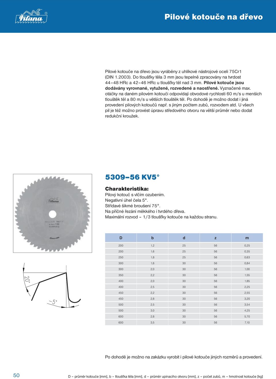 otáčky na daném pilovém kotouči odpovídají obvodové rychlosti 60 m/s u menších tlouštěk těl a 80 m/s u větších tlouštěk těl. Po dohodě je možno dodat i jiná provedení pilových kotoučů např.