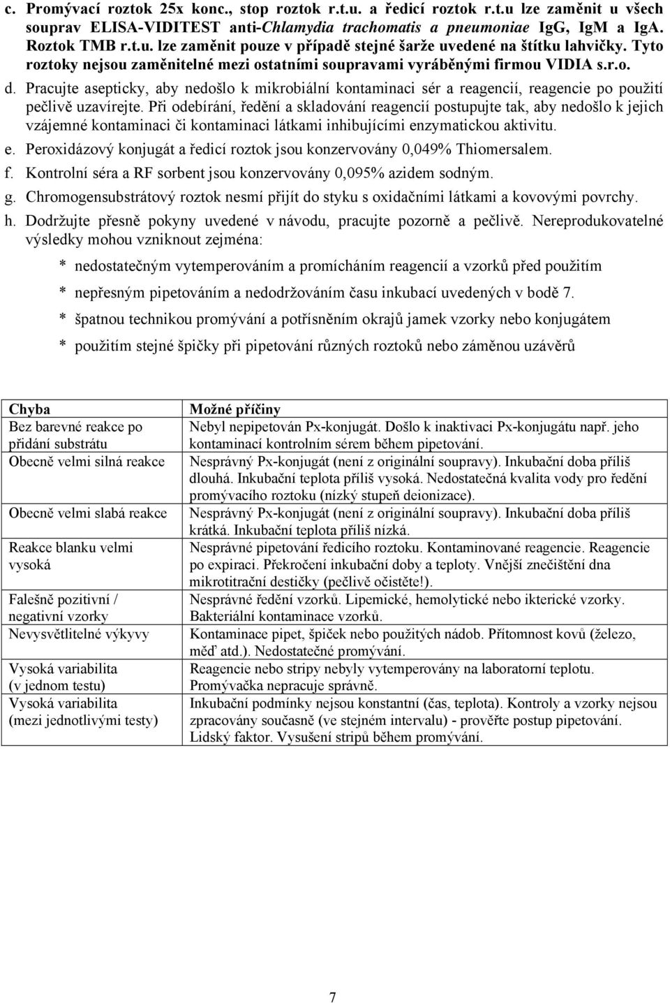 Pracujte asepticky, aby nedošlo k mikrobiální kontaminaci sér a reagencií, reagencie po použití pečlivě uzavírejte.