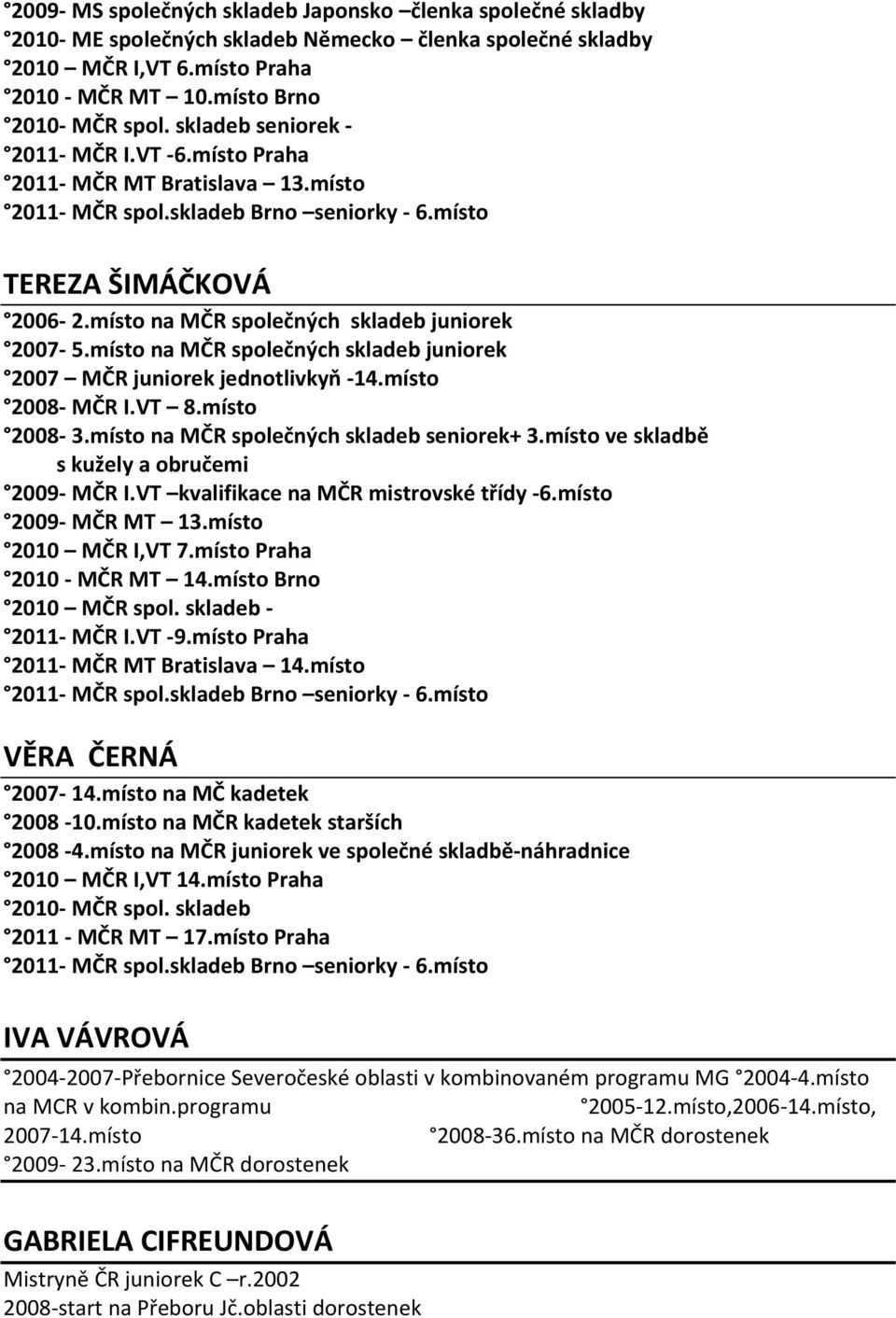 místo na MČR společných skladeb juniorek 2007 MČR juniorek jednotlivkyň 14.místo 2008 MČR I.VT 8.místo 2008 3.místo na MČR společných skladeb seniorek+ 3.