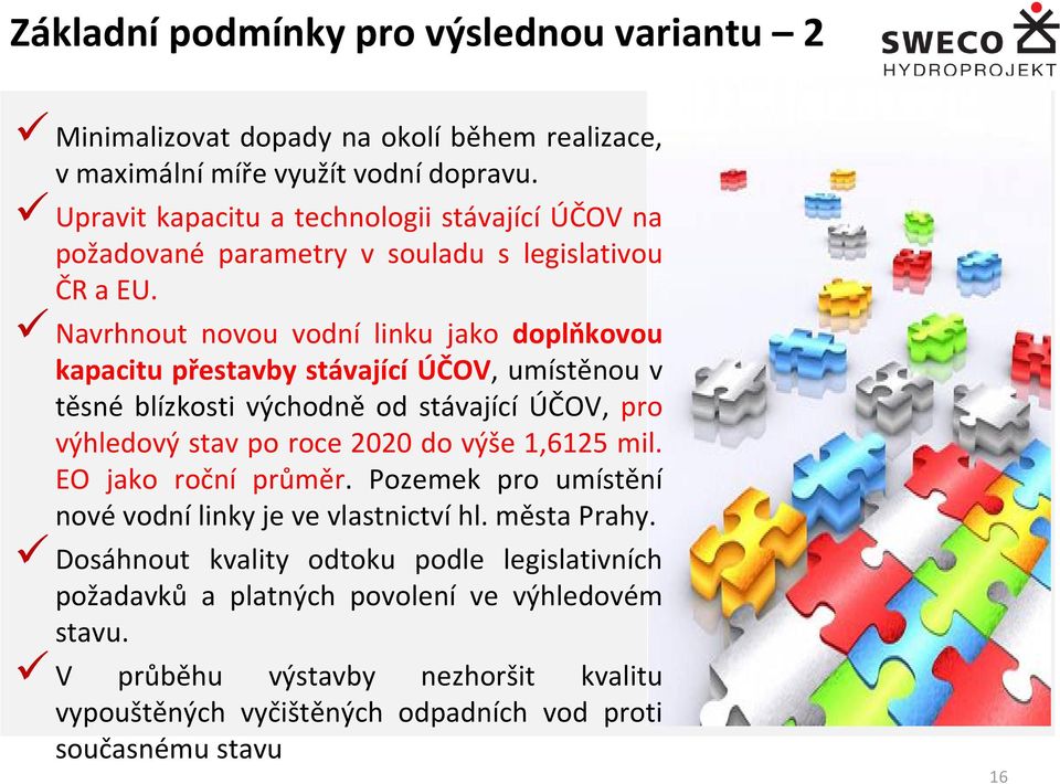 Navrhnout novou vodní linku jako doplňkovou kapacitu přestavby stávající ÚČOV, umístěnou v těsné blízkosti východně od stávající ÚČOV, pro výhledový stav po roce 2020 do výše