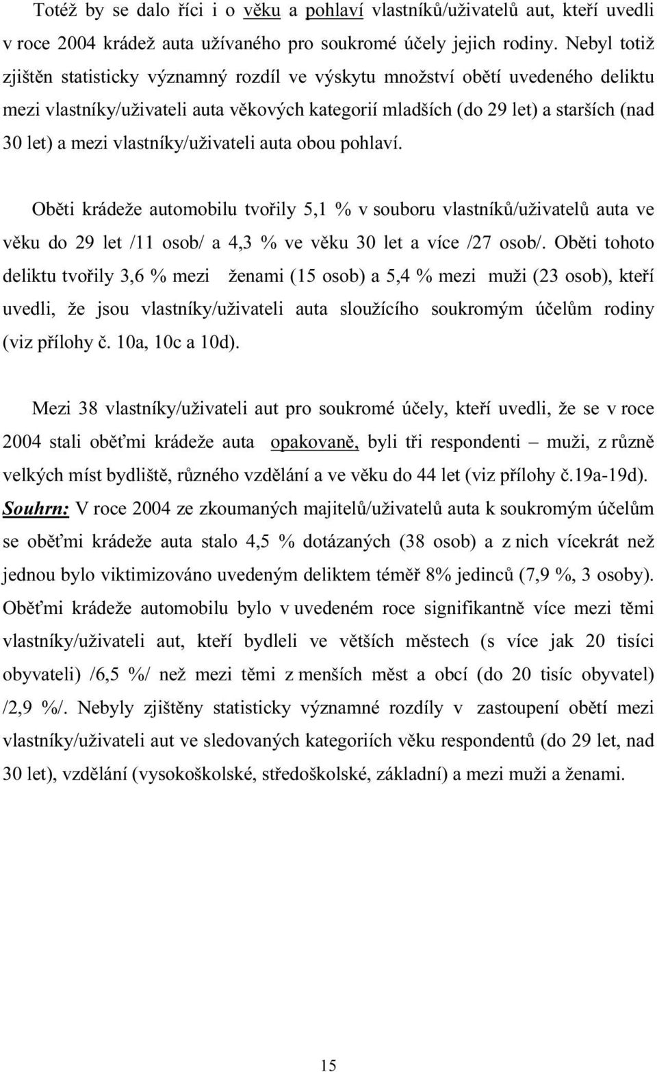 vlastníky/uživateli auta obou pohlaví. Oběti krádeže automobilu tvořily 5,1 % v souboru vlastníků/uživatelů auta ve věku do 29 let /11 osob/ a 4,3 % ve věku 30 let a více /27 osob/.