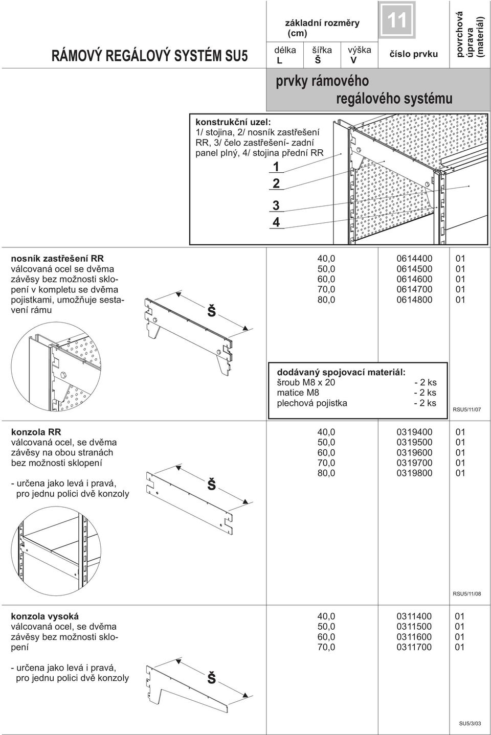 - ks RSU5//07 konzola RR válcovaná ocel, se dvìma závìsy na obou stranách bez mo nosti sklopení - urèena jako levá i pravá, pro jednu polici dvì konzoly 0,0 0900 0 50,0 09500 0 60,0 09600 0 70,0
