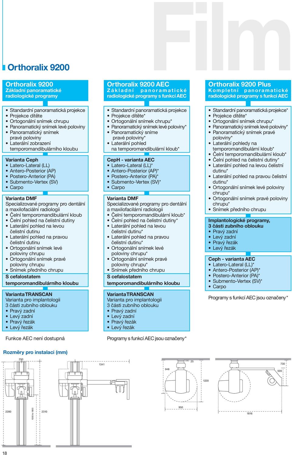 zobrazení temporomandibulárního kloubu Varianta Ceph Latero-Lateral (LL) Antero-Posterior (AP) Postero-Anterior (PA) Submento-Vertex (SV) Carpo Varianta DMF Specializované programy pro dentální a