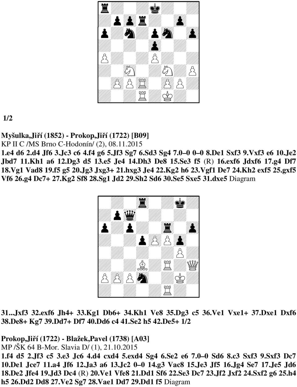 g4 Dc7+ 27.Kg2 Sf8 28.Sg1 Jd2 29.Sh2 Sd6 30.Se5 Sxe5 31.dxe5 Diagram + + + + + + + + + + + + + +Q + + 31...Jxf3 32.exf6 Jh4+ 33.Kg1 Db6+ 34.Kh1 Ve8 35.Dg3 c5 36.Ve1 Vxe1+ 37.Dxe1 Dxf6 38.De8+ Kg7 39.