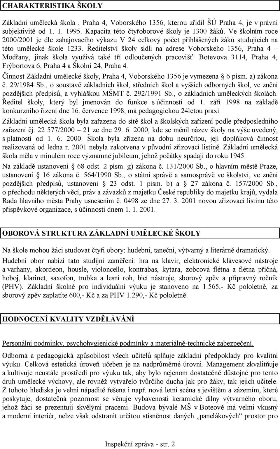 Ředitelství školy sídlí na adrese Voborského 1356, Praha 4 Modřany, jinak škola využívá také tří odloučených pracovišť: Botevova 3114, Praha 4, Frýbortova 6, Praha 4 a Školní 24, Praha 4.