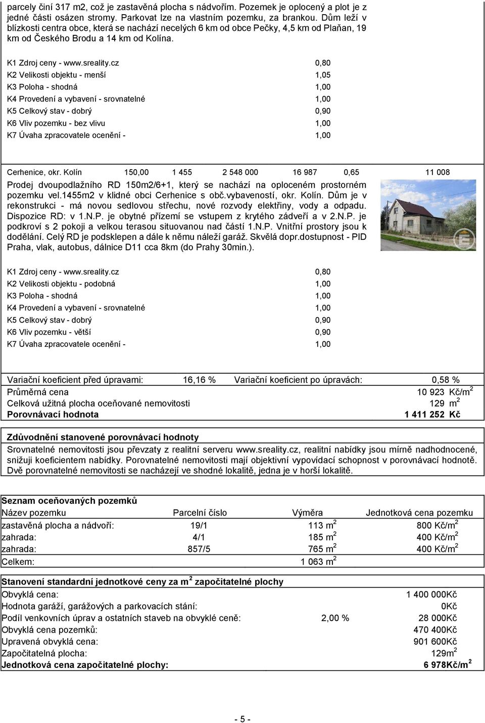 cz 0,80 K2 Velikosti objektu - menší 1,05 K3 Poloha - shodná 1,00 K4 Provedení a vybavení - srovnatelné 1,00 K5 Celkový stav - dobrý 0,90 K6 Vliv pozemku - bez vlivu 1,00 K7 Úvaha zpracovatele