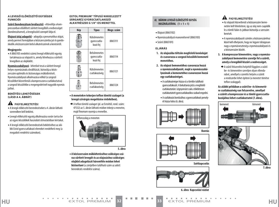 Megjegyzés: A 8865105 rendelési számú levegő előkészítő egység tartalmazza az olajozót is, amely létrehozza a sűrített levegőben az olajködöt.