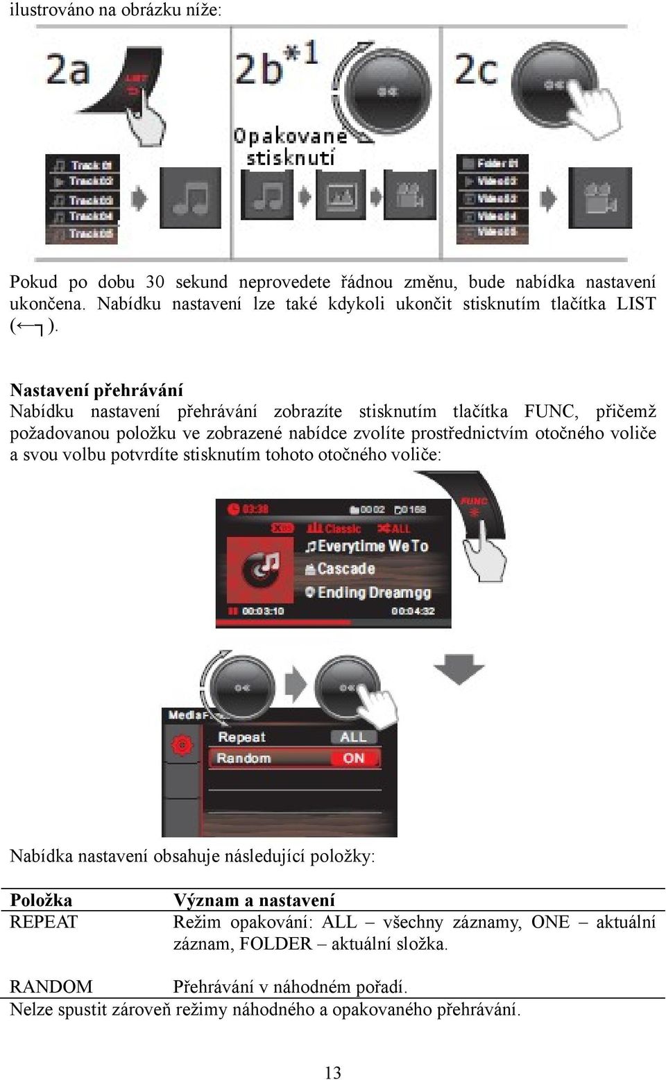 Nastavení přehrávání Nabídku nastavení přehrávání zobrazíte stisknutím tlačítka FUNC, přičemž požadovanou položku ve zobrazené nabídce zvolíte prostřednictvím otočného