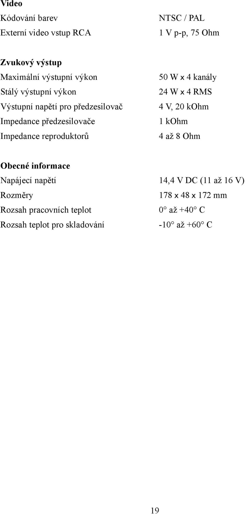 Impedance předzesilovače 1 kohm Impedance reproduktorů 4 až 8 Ohm Obecné informace Napájecí napětí 14,4 V DC