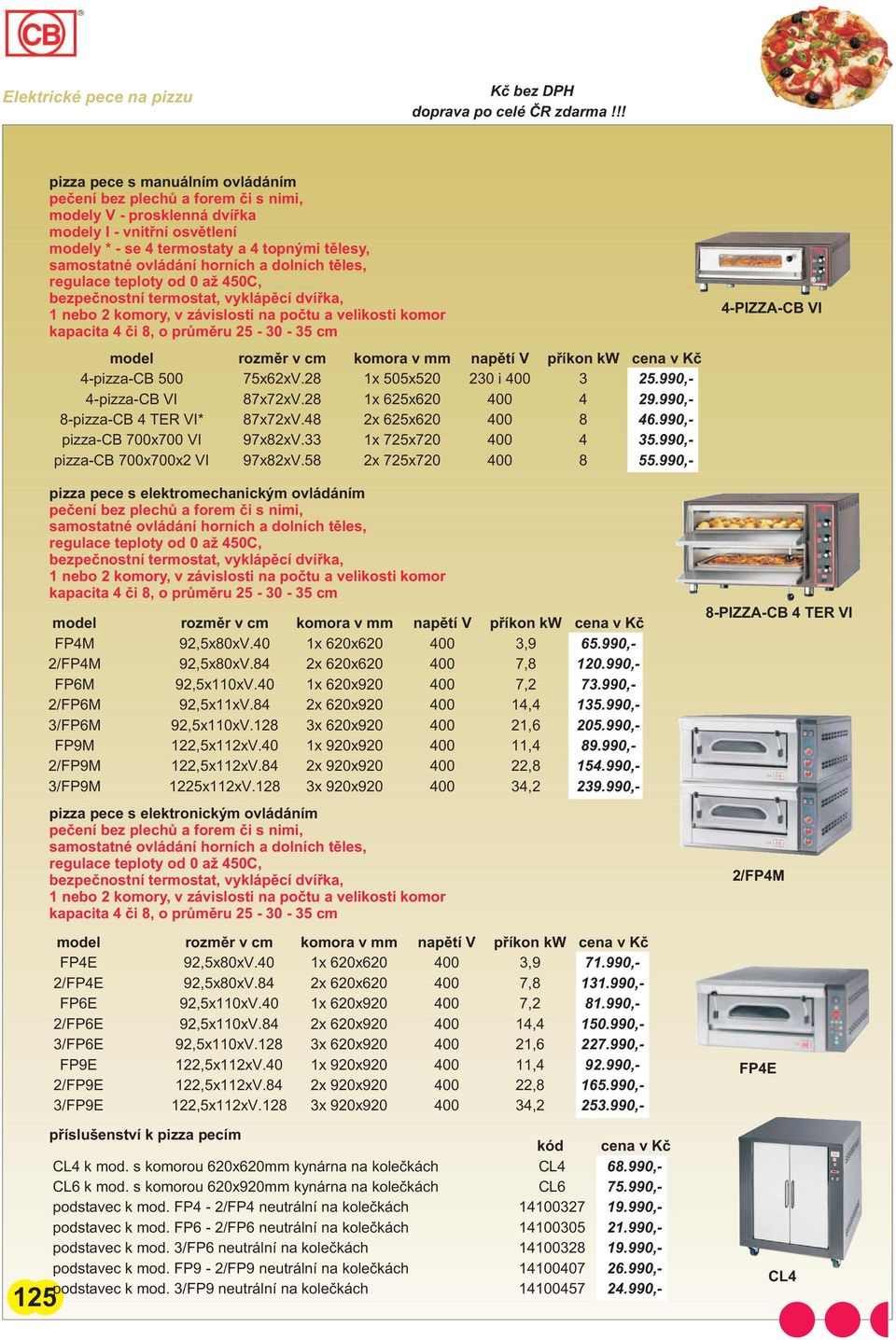 o prùmìru 25-30 - 35 cm model rozmìr v cm komora v mm napìtí V pøíkon kw cena v Kè 4-pizza-CB 500 75x62xV.28 1x 505x520 230 i 400 3 25.990,- 4-pizza-CB VI 87x72xV.28 1x 625x620 400 4 29.