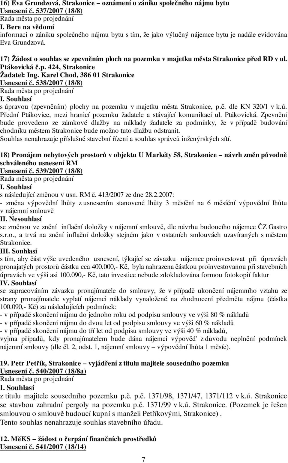 17) Žádost o souhlas se zpevněním ploch na pozemku v majetku města Strakonice před RD v ul. Ptákovická č.p. 424, Strakonice Žadatel: Ing. Karel Chod, 386 01 Strakonice Usnesení č.