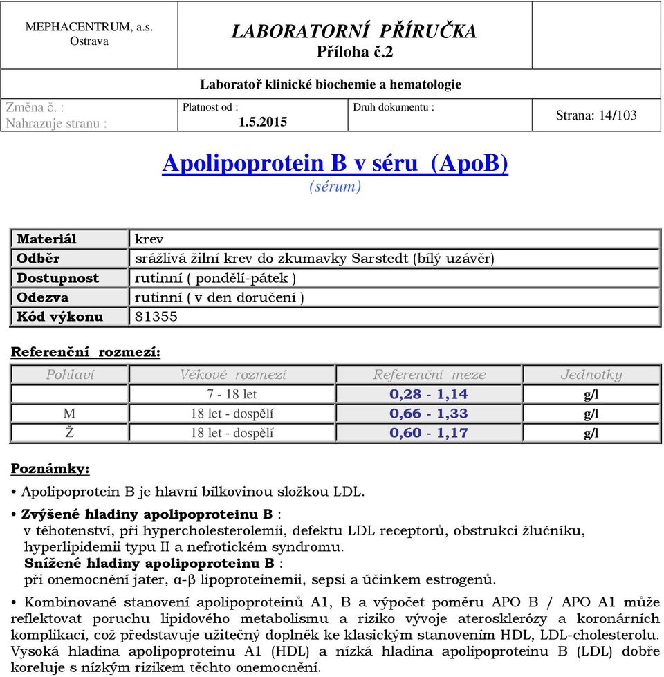 Zvýšené hladiny apolipoproteinu B : v těhotenství, při hypercholesterolemii, defektu LDL receptorů, obstrukci žlučníku, hyperlipidemii typu II a nefrotickém syndromu.