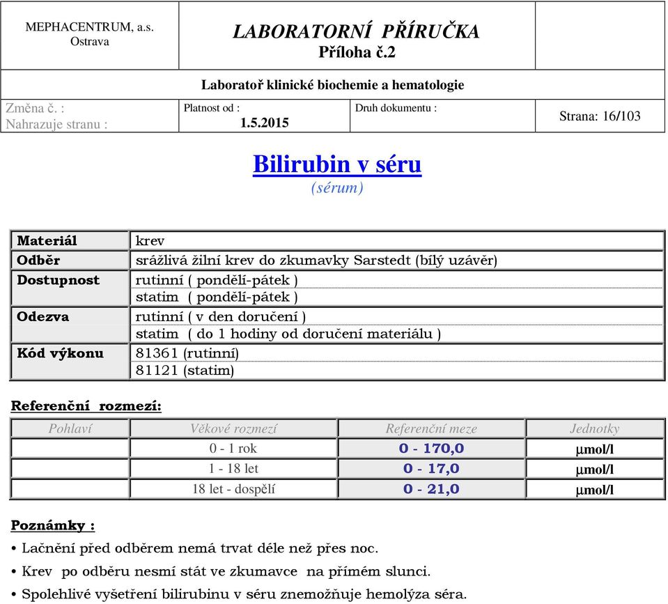 0-170,0 µmol/l 1-18 let 0-17,0 µmol/l 18 let - dospělí 0-21,0 µmol/l Poznámky : Lačnění před odběrem nemá trvat déle