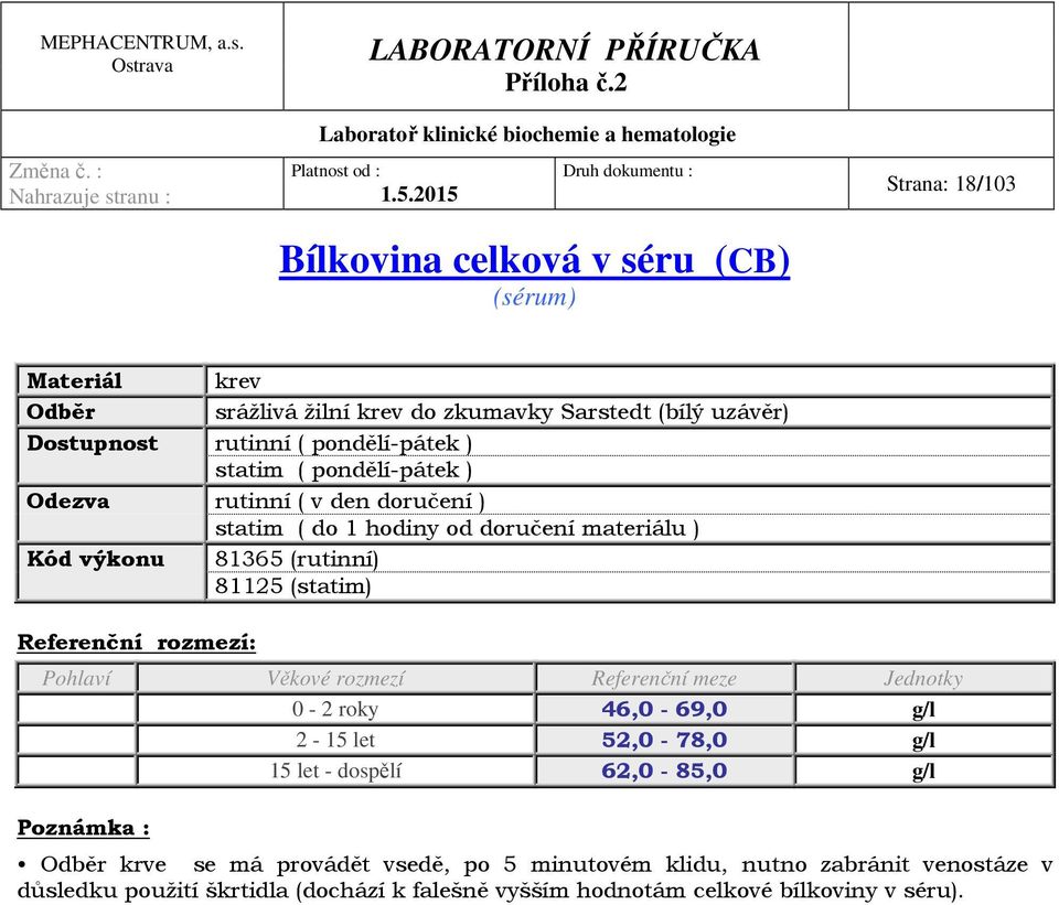 46,0-69,0 g/l 2-15 let 52,0-78,0 g/l 15 let - dospělí 62,0-85,0 g/l Poznámka : Odběr krve se má provádět vsedě, po 5