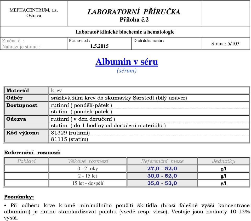 27,0-52,0 g/l 2-15 let 30,0-52,0 g/l 15 let - dospělí 35,0-53,0 g/l Poznámky: Při odběru krve kromě minimálního