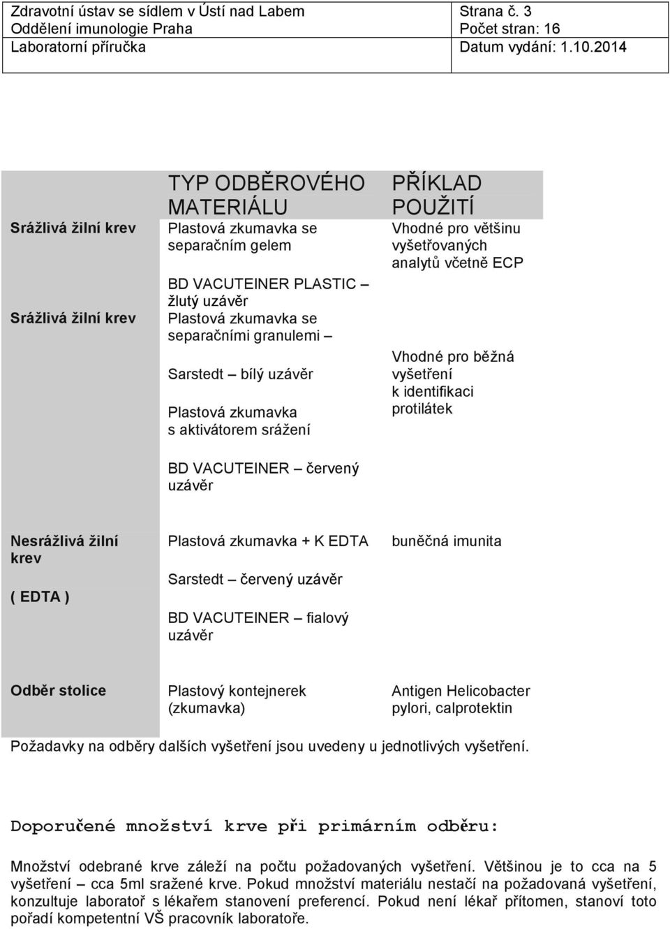 uzávěr Plastová zkumavka s aktivátorem srážení BD VACUTEINER červený uzávěr PŘÍKLAD POUŽITÍ Vhodné pro většinu vyšetřovaných analytů včetně ECP Vhodné pro běžná vyšetření k identifikaci protilátek