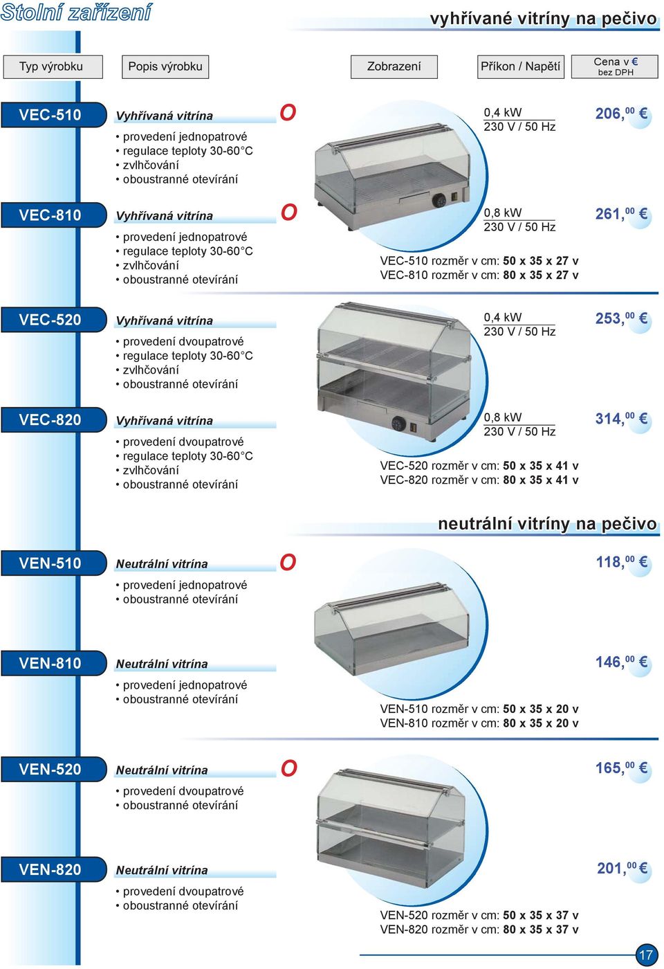 regulace teploty 30-60 C zvlhčování oboustranné otevírání 0,4 kw 253, 00 VEC-820 Vyhřívaná vitrína provedení dvoupatrové regulace teploty 30-60 C zvlhčování oboustranné otevírání 0,8 kw VEC-520