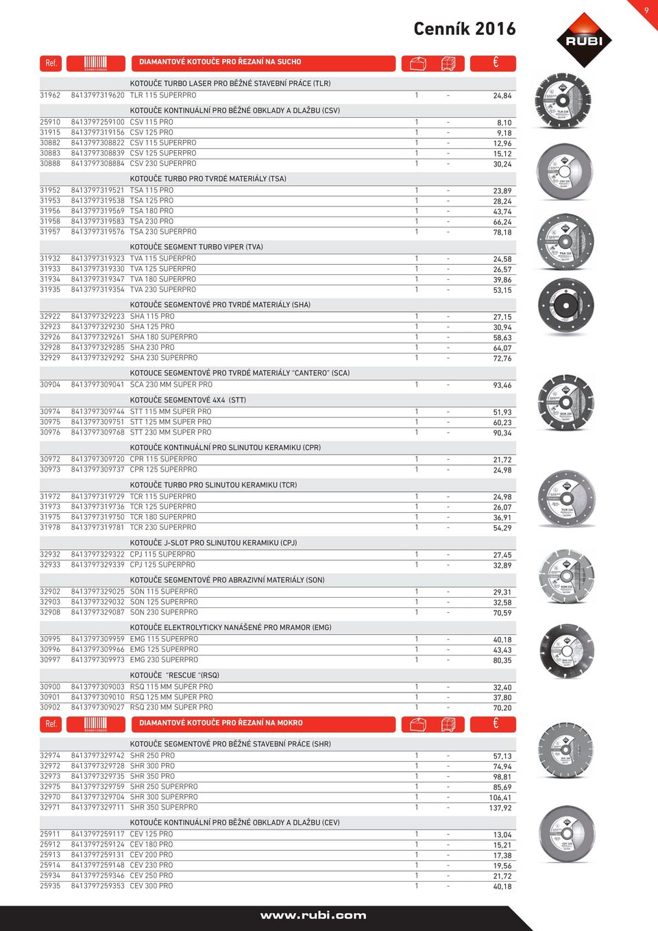 8413797308839 CSV 125 SUPERPRO 1-15,12 30888 8413797308884 CSV 230 SUPERPRO 1-30,24 KOTOUČE TURBO PRO TVRDÉ MATERIÁLY (TSA) 31952 8413797319521 TSA 115 PRO 1-23,89 31953 8413797319538 TSA 125 PRO