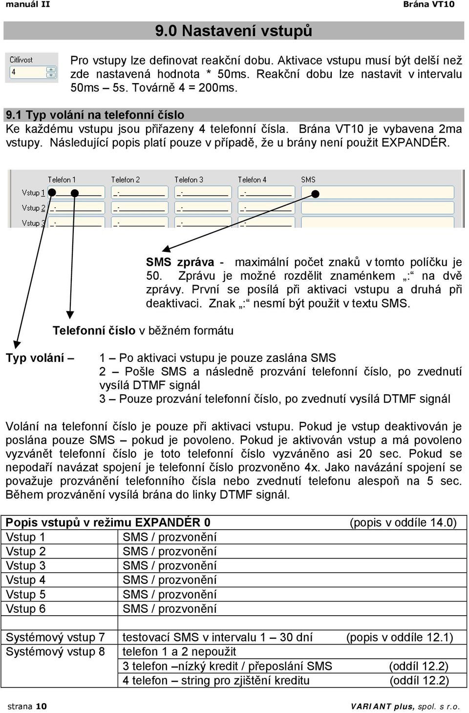 Následující popis platí pouze v případě, že u brány není použit EXPANDÉR. Telefonní číslo v běžném formátu SMS zpráva - maximální počet znaků v tomto políčku je 50.