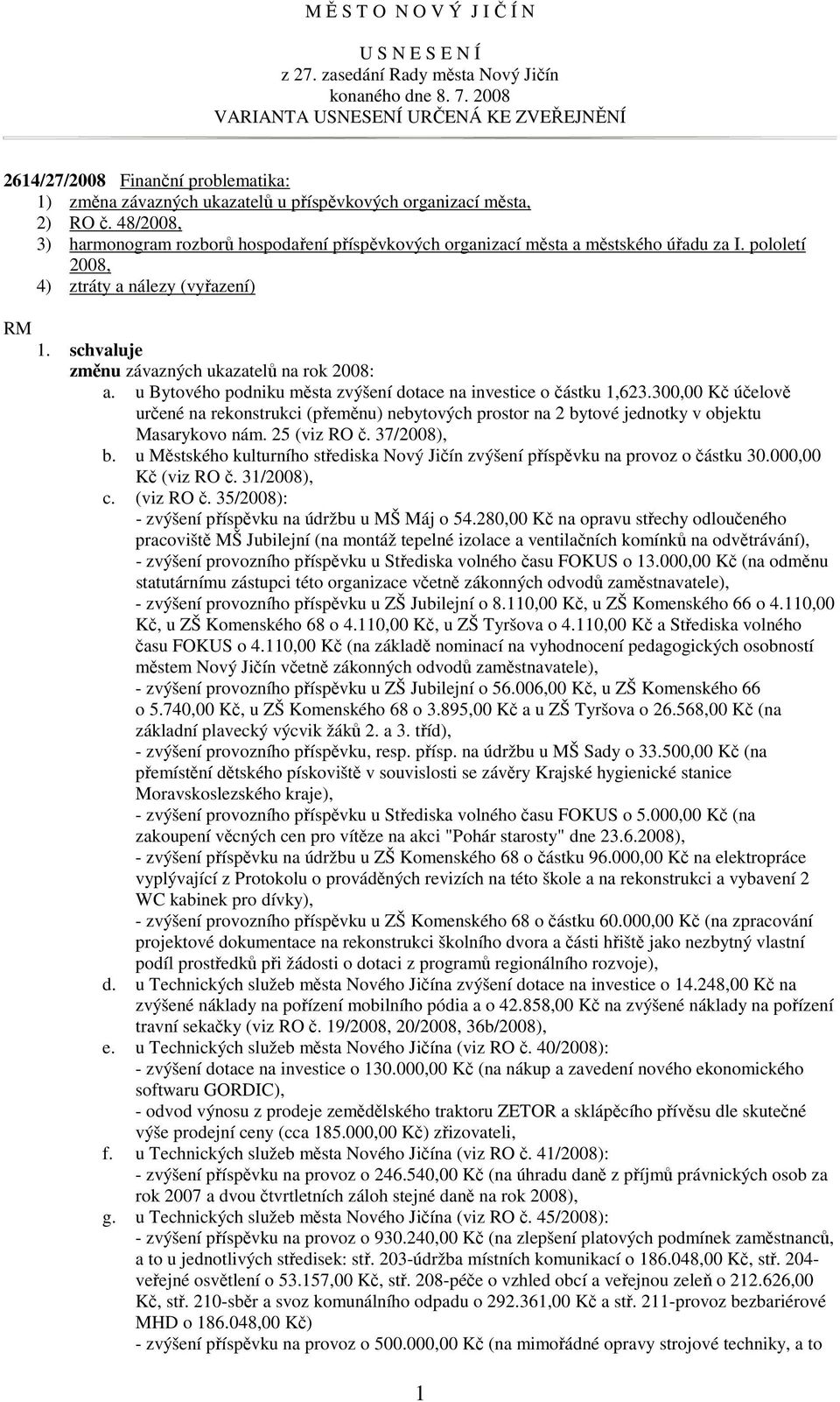 48/2008, 3) harmonogram rozborů hospodaření příspěvkových organizací města a městského úřadu za I. pololetí 2008, 4) ztráty a nálezy (vyřazení) změnu závazných ukazatelů na rok 2008: a.