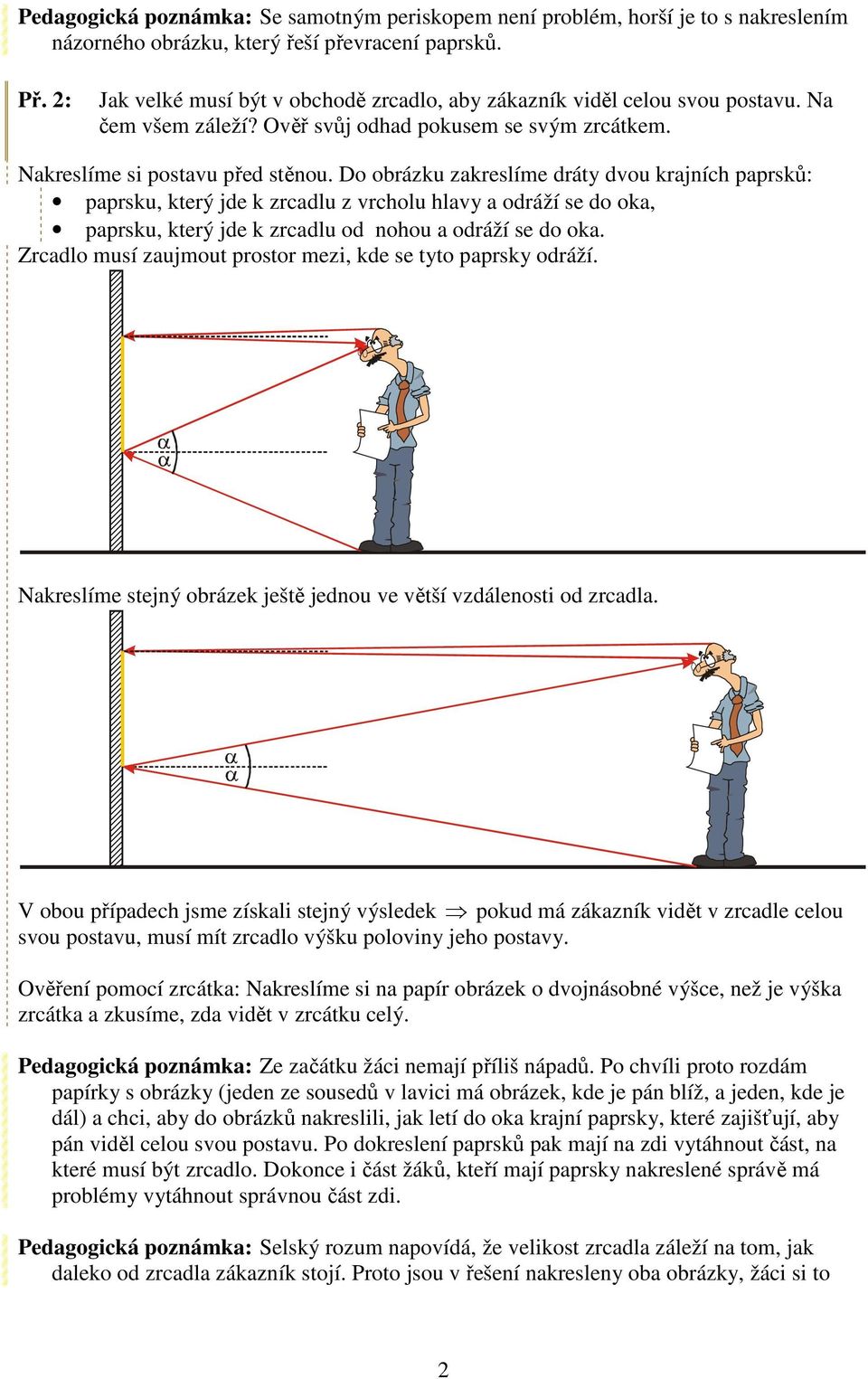 Do obrázku zakreslíme dráty dvou krajních paprsků: paprsku, který jde k zrcadlu z vrcholu hlavy a odráží se do oka, paprsku, který jde k zrcadlu od nohou a odráží se do oka.