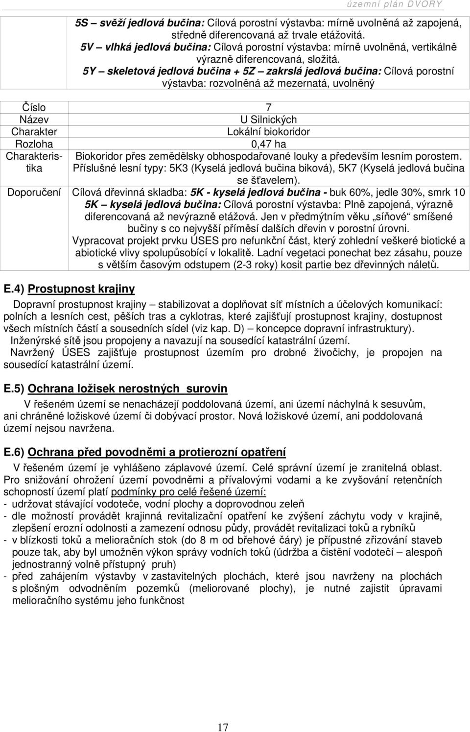 5Y skeletová jedlová bučina + 5Z zakrslá jedlová bučina: Cílová porostní výstavba: rozvolněná až mezernatá, uvolněný Číslo 7 Název U Silnických Charakter Lokální biokoridor Rozloha 0,47 ha