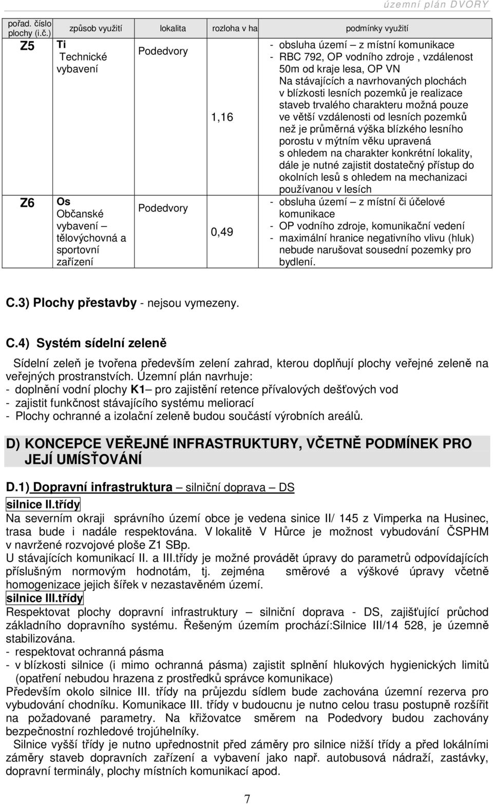) Z5 Z6 způsob využití lokalita rozloha v ha podmínky využití Ti Technické vybavení Os Občanské vybavení tělovýchovná a sportovní zařízení Podedvory Podedvory 1,16 0,49 územní plán DVORY - obsluha