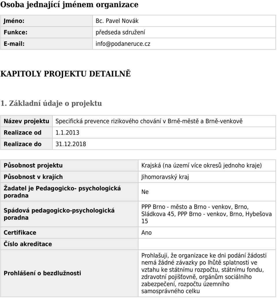 2018 Působnost projektu Působnost v krajích Žadatel je Pedagogicko- psychologická poradna Spádová pedagogicko-psychologická poradna Certifikace Číslo akreditace Prohlášení o bezdlužnosti Krajská (na