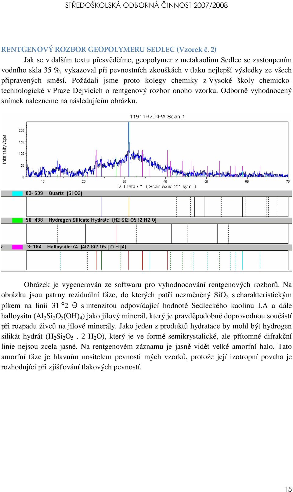 Požádali jsme proto kolegy chemiky z Vysoké školy chemickotechnologické v Praze Dejvicích o rentgenový rozbor onoho vzorku. Odborně vyhodnocený snímek nalezneme na následujícím obrázku.