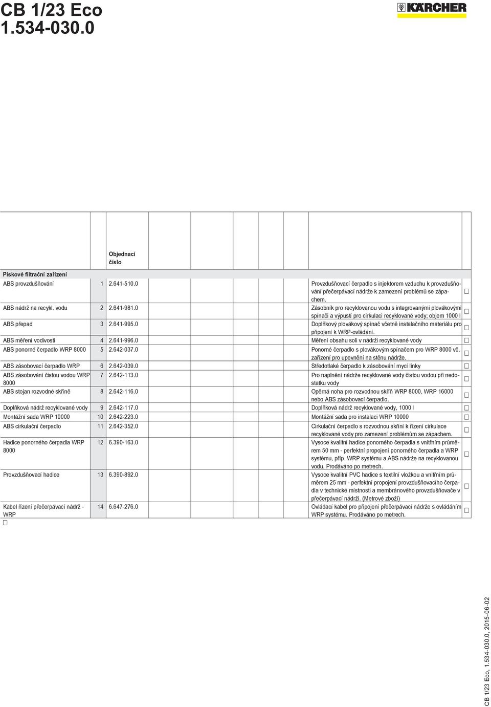 0 Doplňkový plovákový spínač včetně instalačního materiálu pro připojení k WRP-ovládání. ABS měření vodivosti 4 2.641-996.