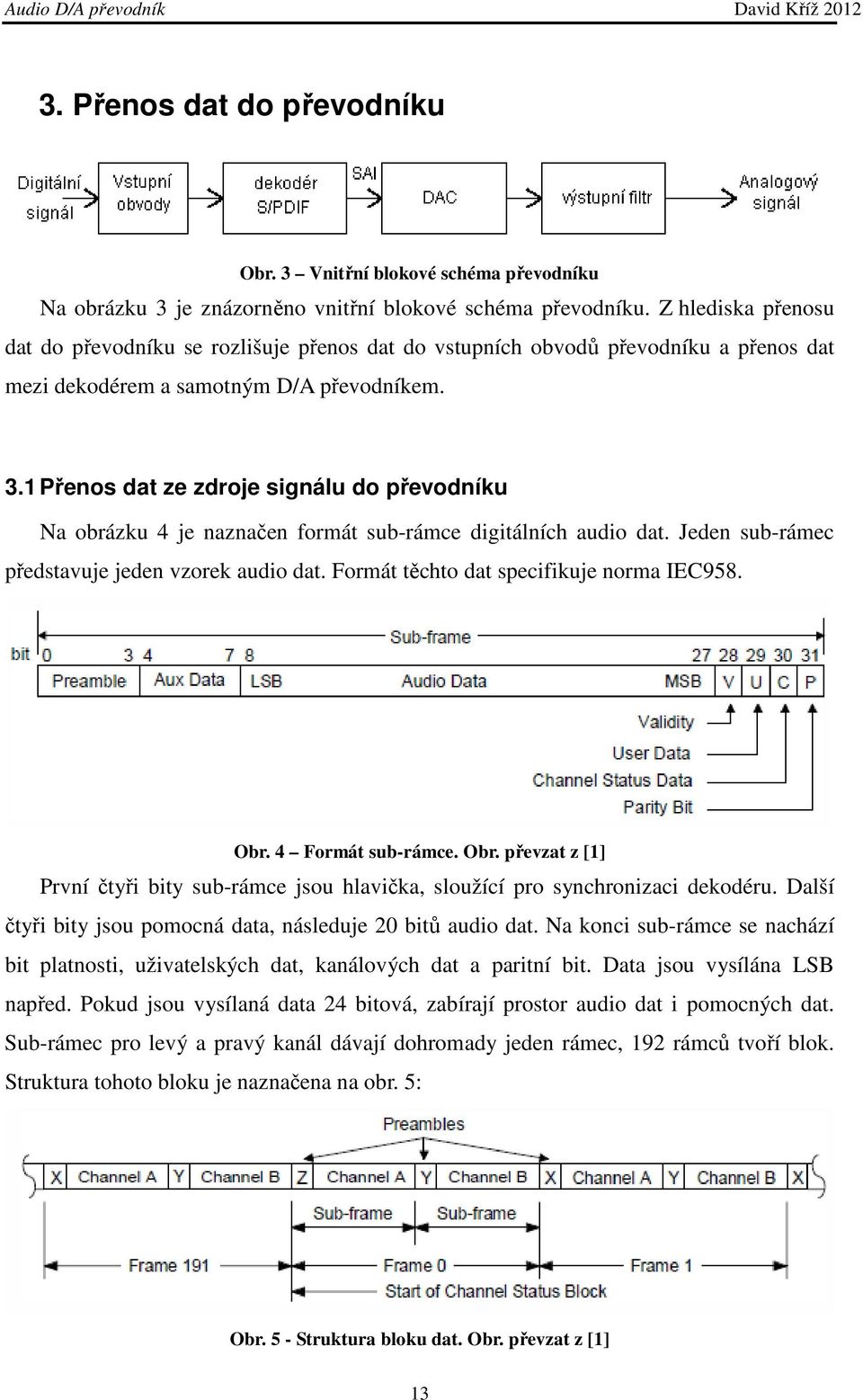 1 Přenos dat ze zdroje signálu do převodníku Na obrázku 4 je naznačen formát sub-rámce digitálních audio dat. Jeden sub-rámec představuje jeden vzorek audio dat.