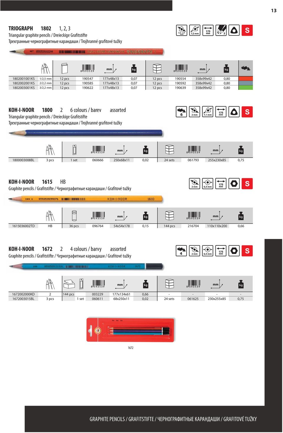 KOH-I-NOOR 1800 2 6 colours / barev assorted Triangular graphite pencils / Dreieckige Grafitstifte Трехгранные чернографитные карандаши / Trojhranné grafitové tužky 2 7,1 1800003008BL 3 pcs 1 set