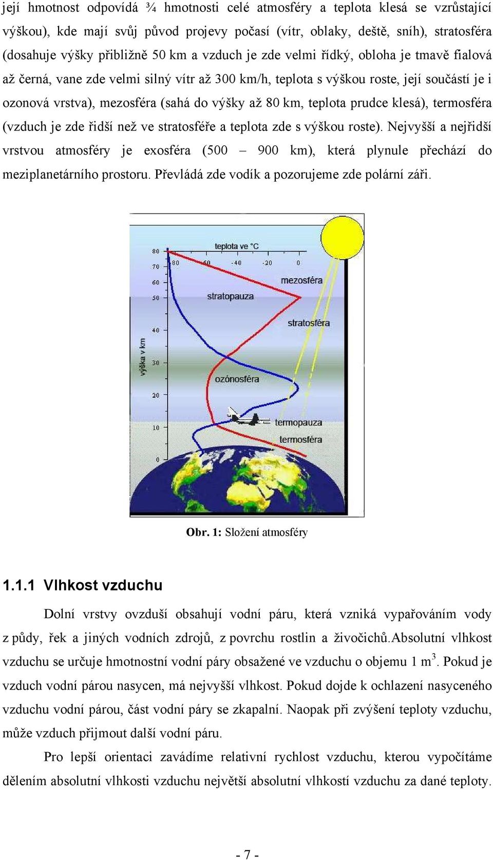 teplota prudce klesá), termosféra (vzduch je zde řidší než ve stratosféře a teplota zde s výškou roste).