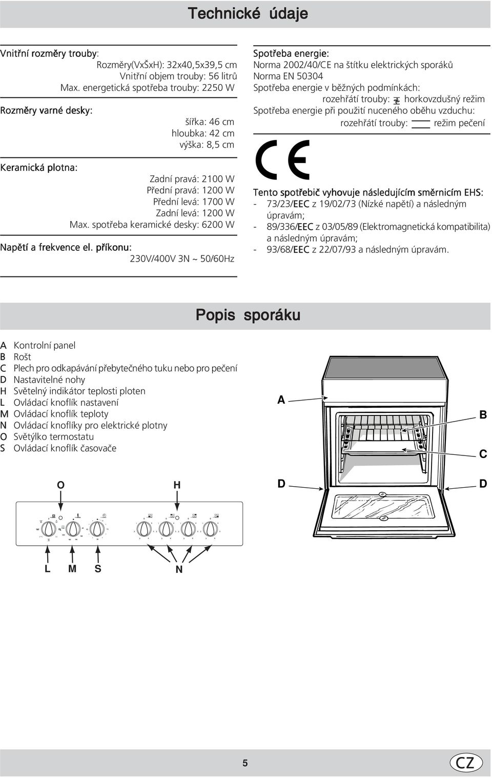 příkonu: 0V/00V N ~ 0/60Hz Spotřeba energie: Norma 00/0/CE na štítku elektrických sporáků Norma EN 00 Spotřeba energie v běžných podmínkách: rozehřátí trouby: : Fhorkovzdušný režim Spotřeba energie