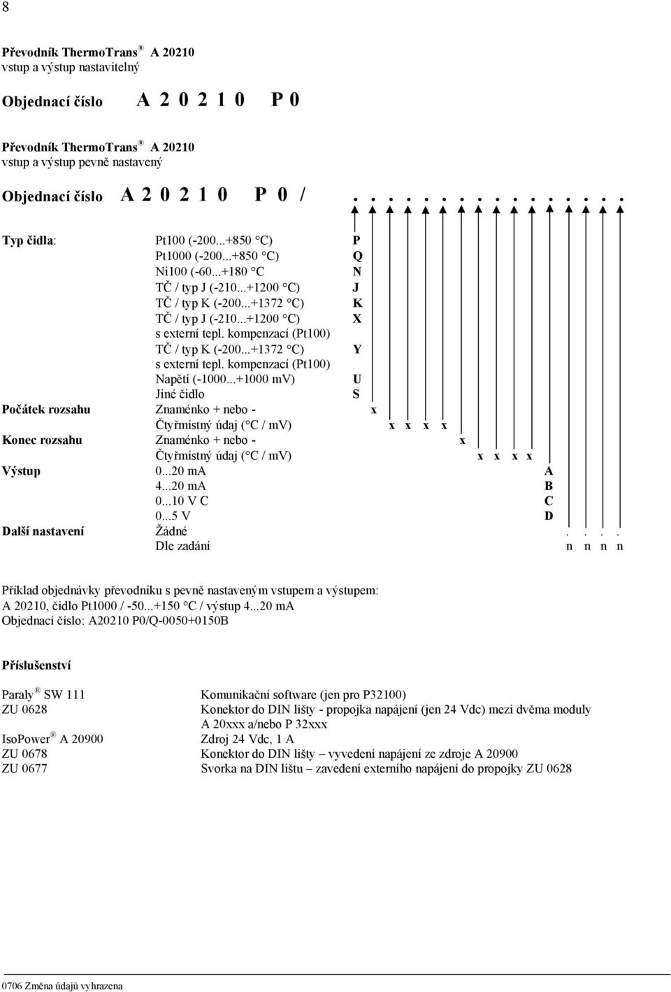 ..+1200 C) X s externí tepl. kompenzací (Pt100) TČ / typ K (-200...+1372 C) Y s externí tepl. kompenzací (Pt100) Napětí (-1000.