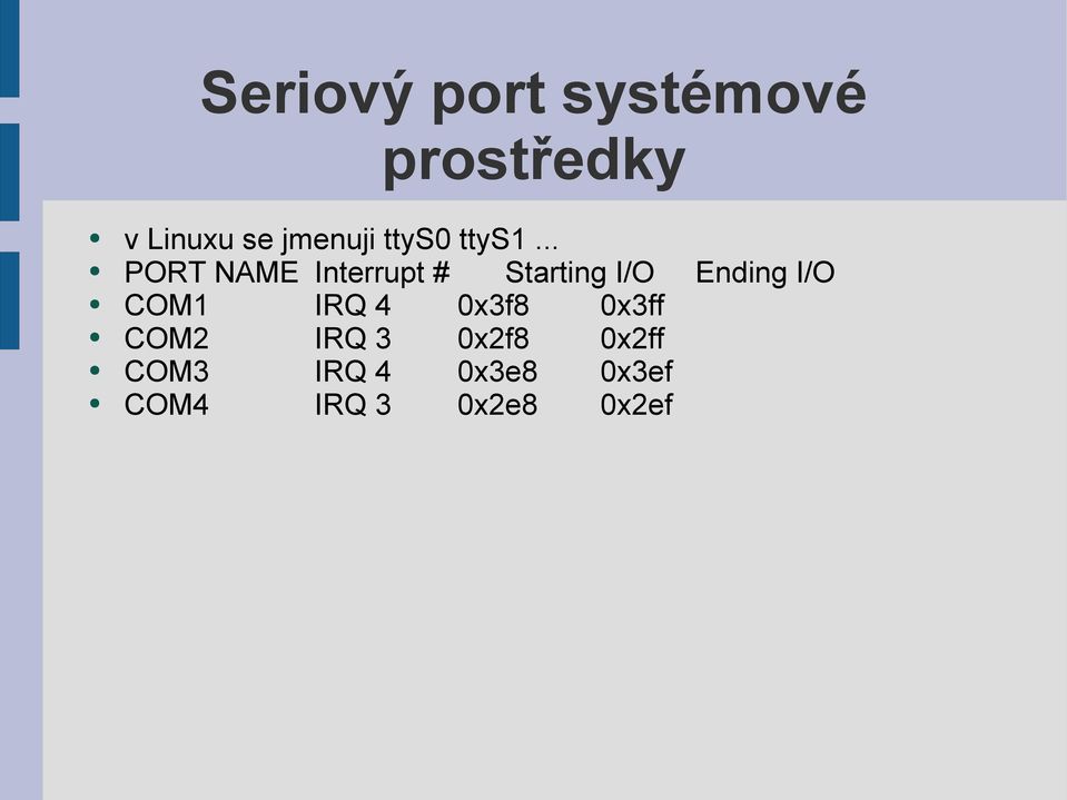 .. PORT NAME Interrupt # Starting I/O Ending I/O