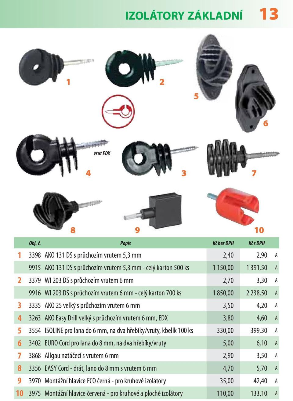 ISOLINE pro lana do mm, na dva hřebíky/vruty, kbelík 00 ks 0,00 99,0 A 0 EURO Cord pro lana do 8 mm, na dva hřebíky/vruty,00,0 A 88 Allgau natáčecí s vrutem mm,90,0 A 8