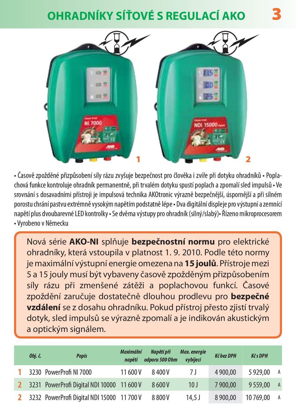 napětím podstatně lépe Dva digitální displeje pro výstupní a zemnící napětí plus dvoubarevné LED kontrolky Se dvěma výstupy pro ohradník (silný/slabý) Řízeno mikroprocesorem Vyrobeno v Německu Nová