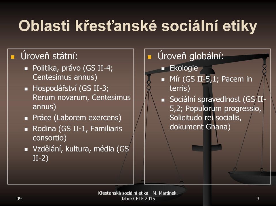 Vzdělání, kultura, média (GS II-2) Úroveň globální: Ekologie Mír (GS II-5,1; Pacem in terris) Sociální