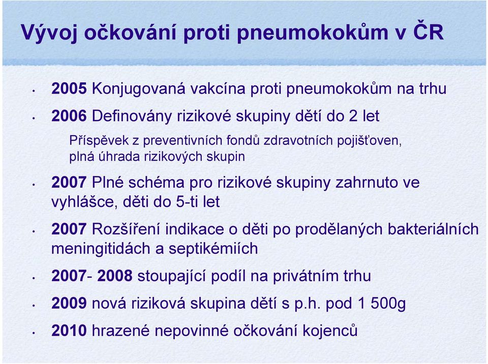 zahrnuto ve vyhlášce, děti do 5-ti let 2007 Rozšíření indikace o děti po prodělaných bakteriálních meningitidách a septikémiích